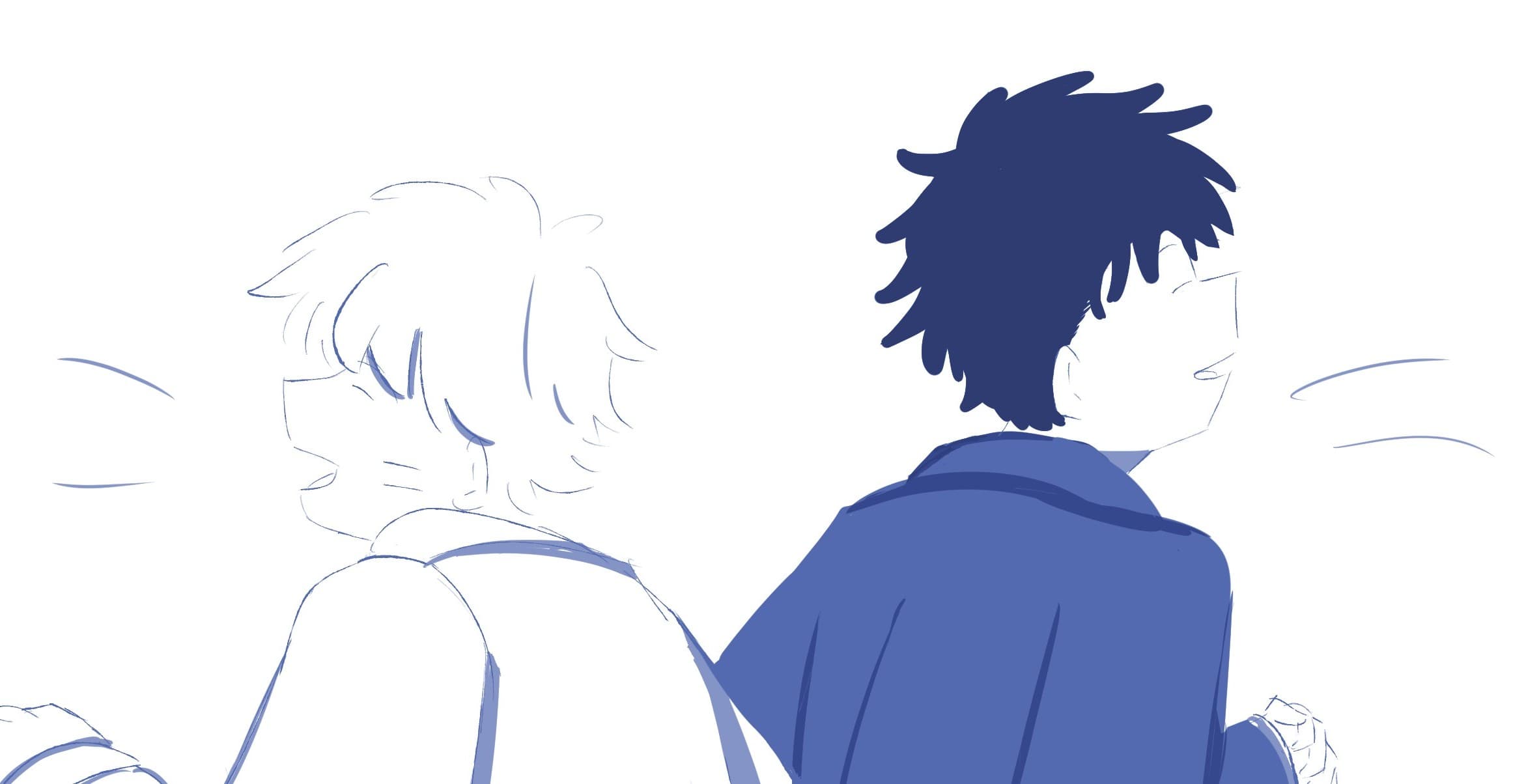 A drawing of Shima and Mitsumi from January 2025, featuring a quiet sky and soft colors.